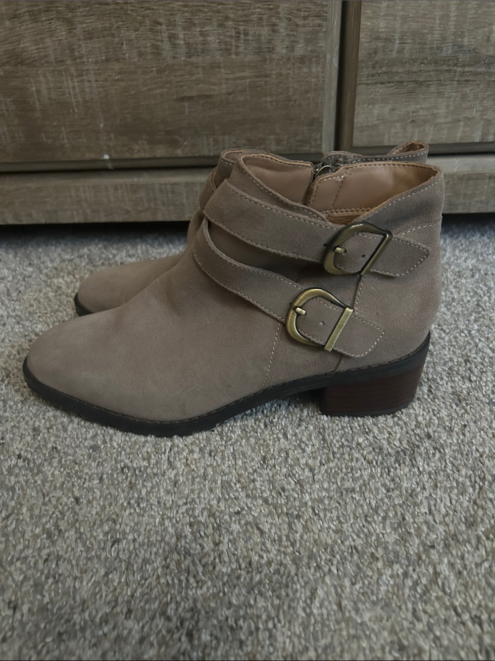 Women's Blondo Taupe Suede Ankle Boot with Buckle Straps- waterproof
